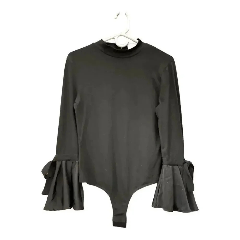 New York & Company Women’s Small Bell Sleeved Black Bodysuit